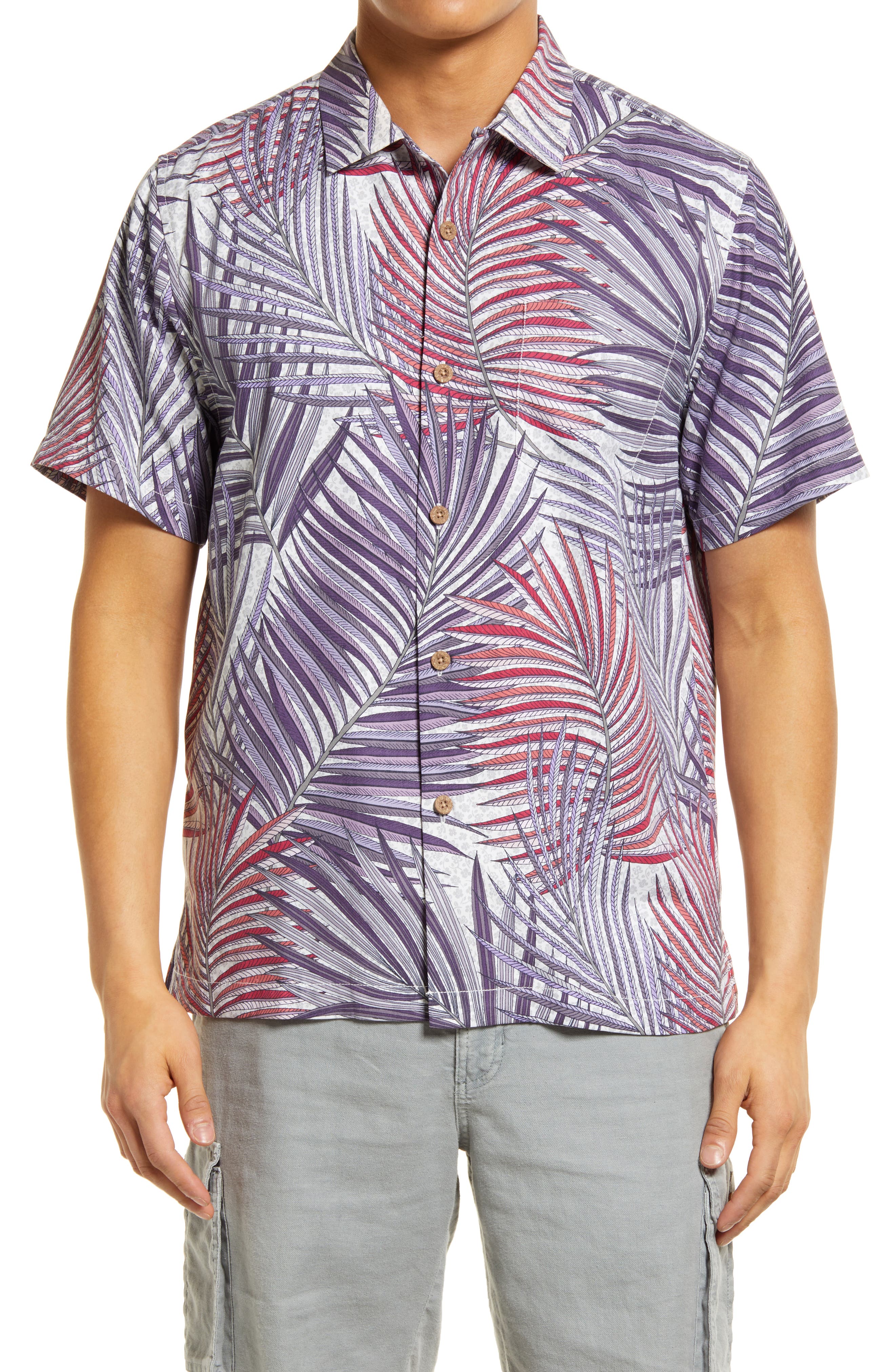 Men's Hawaiian Beach Lotus/Palm Leaf Pattern Jacquard Striped Jersey T-shirt